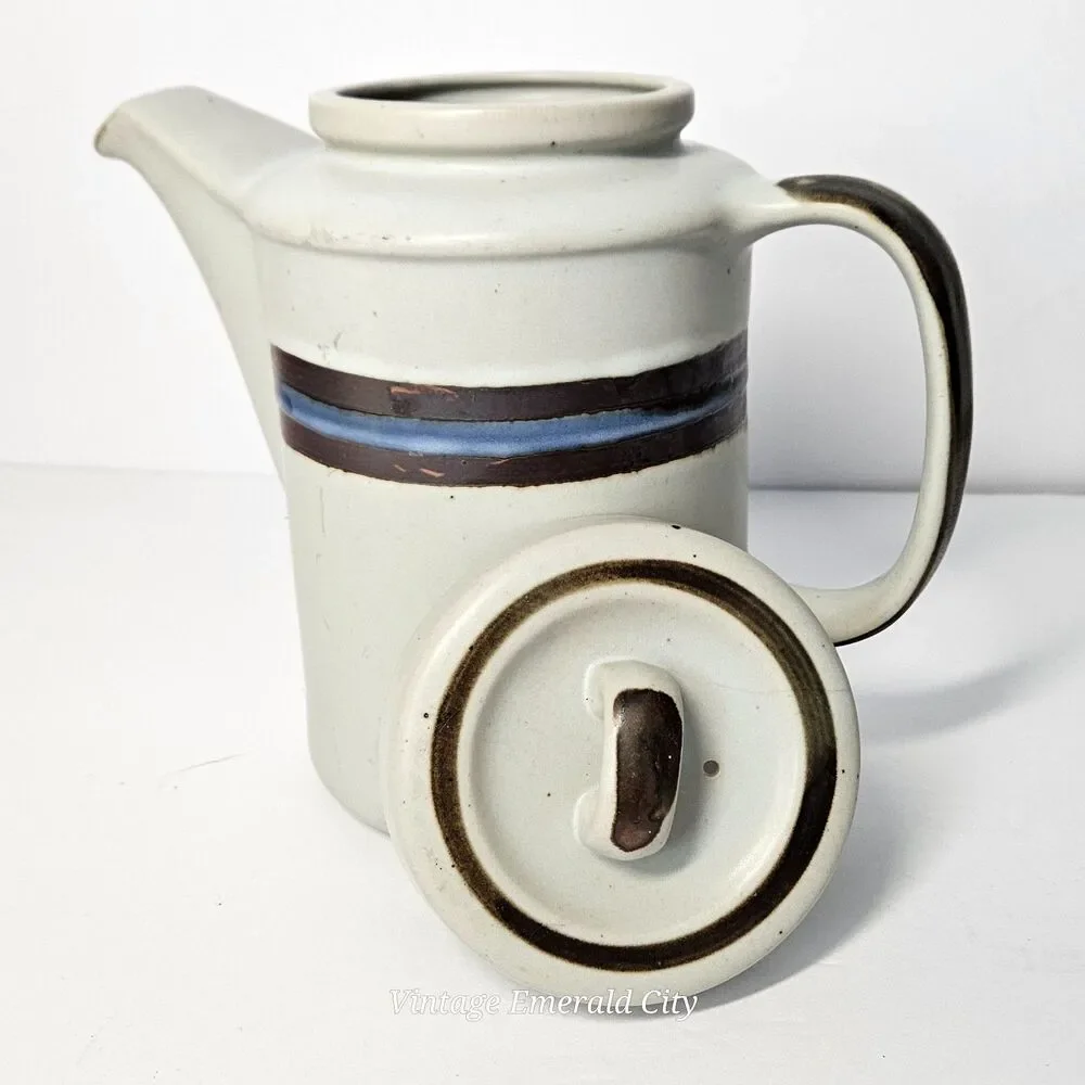 Vtg Otigari Horizon Coffee Pot 5 Cups MCM Lidded Stoneware Japan 1970's Cream
